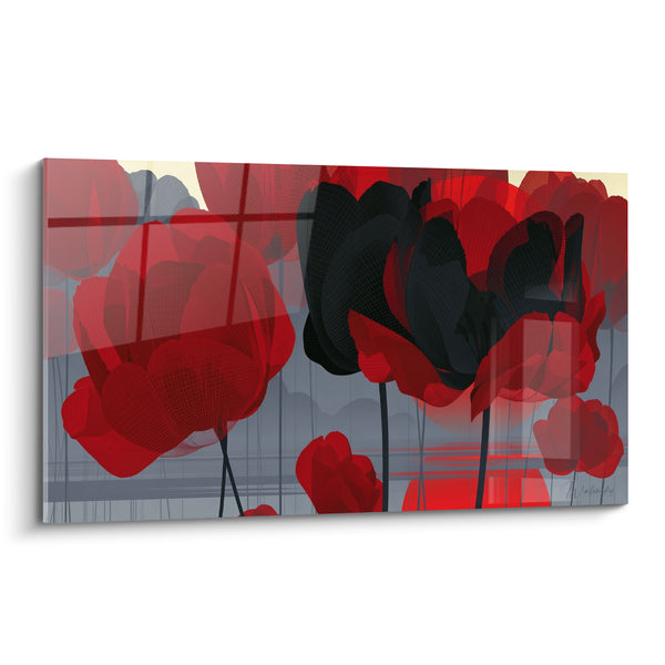 Tableau Tulipes rouges et noires aux textures filaires - Trame grise horizontale - Edition Tulipe
