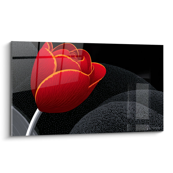 Tableau Tulipe rouge et noire aux textures organiques - Tige blanche filiforme - Edition Tulipe