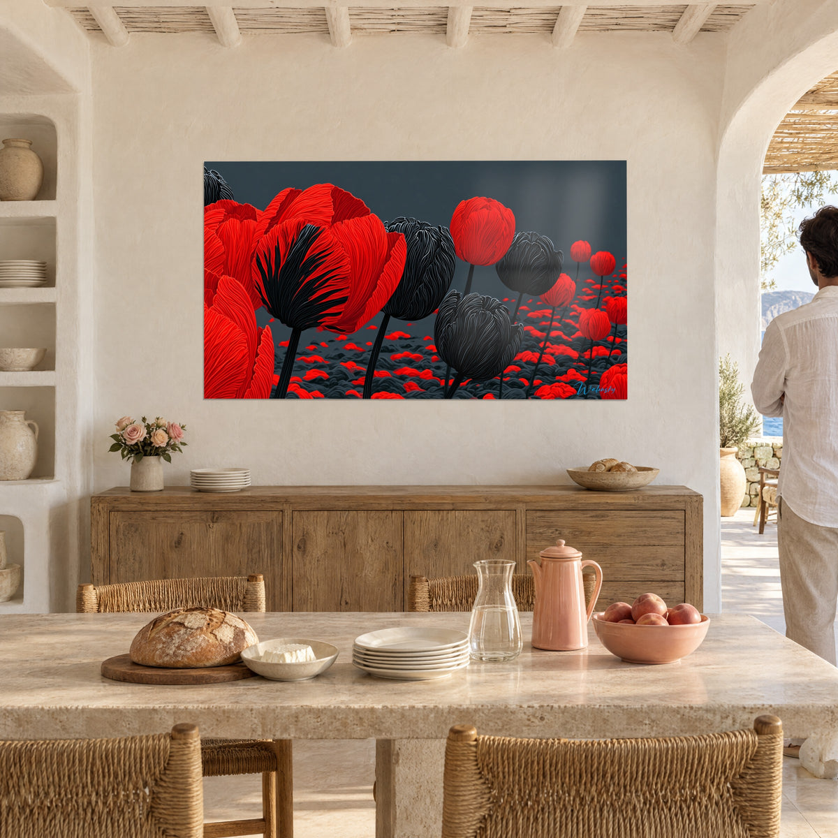 Schilderij met zwarte bloemen met gedraaide bloembladen voor bloedrode tulpen, verspreide bloembladen op de vloer, mediterrane eetkamer