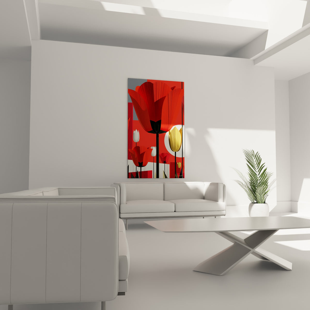 Fleurs de tulipe rouge et jaune ocre sur fond graphique gris, disposées au-dessus d'un canapé dans un salon lumineux