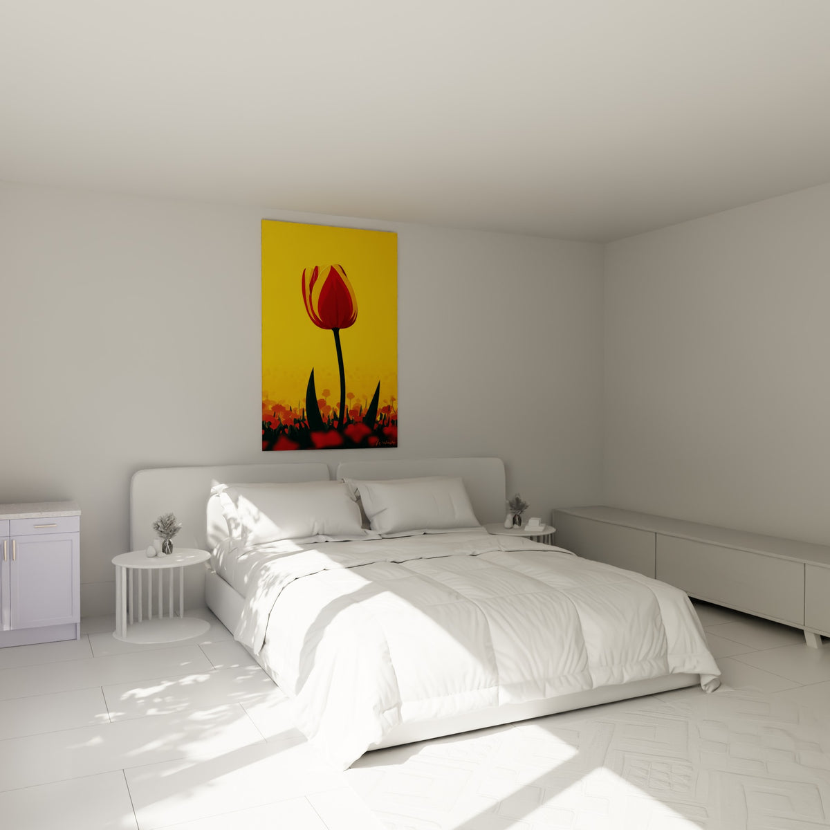 Fleur de tulipe rouge et or illuminant l'espace, accrochée au-dessus d'un lit dans une chambre claire