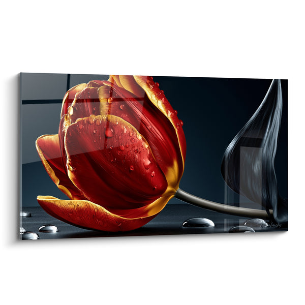 Tableau Tulipe rouge et dorée couchée sur galets - Feuille noire incurvée - Edition Tulipe