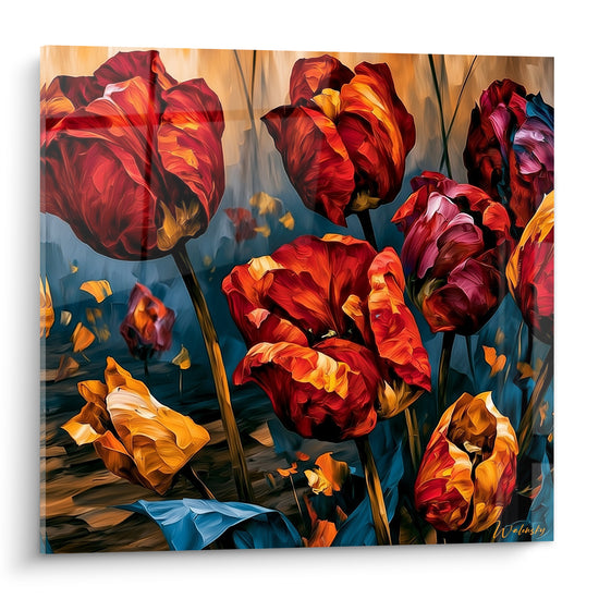 Tulipes rouge et or aux pétales froissés se déploient sur un fond bleu profond peint