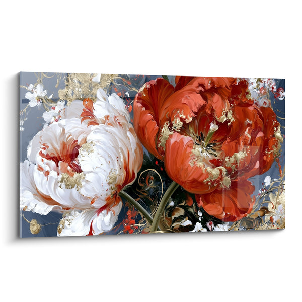 Tableau Tulipes rouges et blanches aux éclats dorés - Fleurs entrelacées sur fond gris - Edition Tulipe