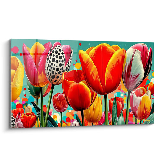 Tulipes rouge orangé et turquoise aux pétales veinés et à la tulipe à pois noirs
