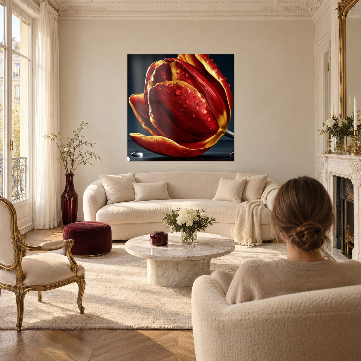 Tableau tulipe pourpre aux pétales ourlés d'or et perlés de rosée, femme de dos, au-dessus d'un canapé dans un salon lumineux