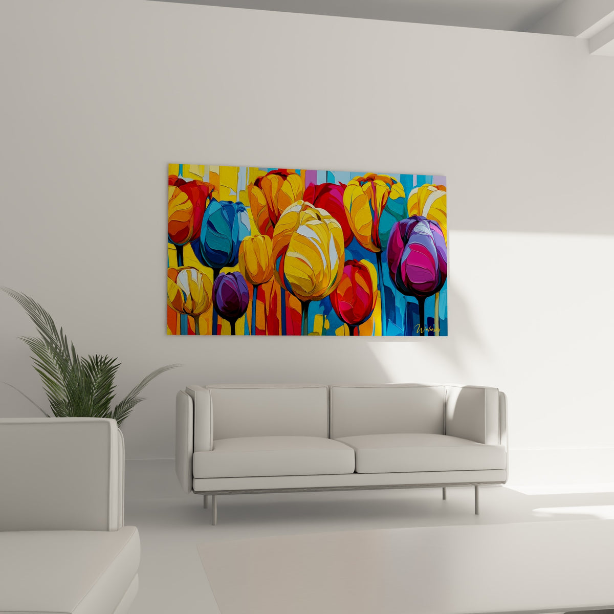 Tulipes rouges et pourpres aux formes généreuses installées au-dessus d'un canapé dans un salon lumineux