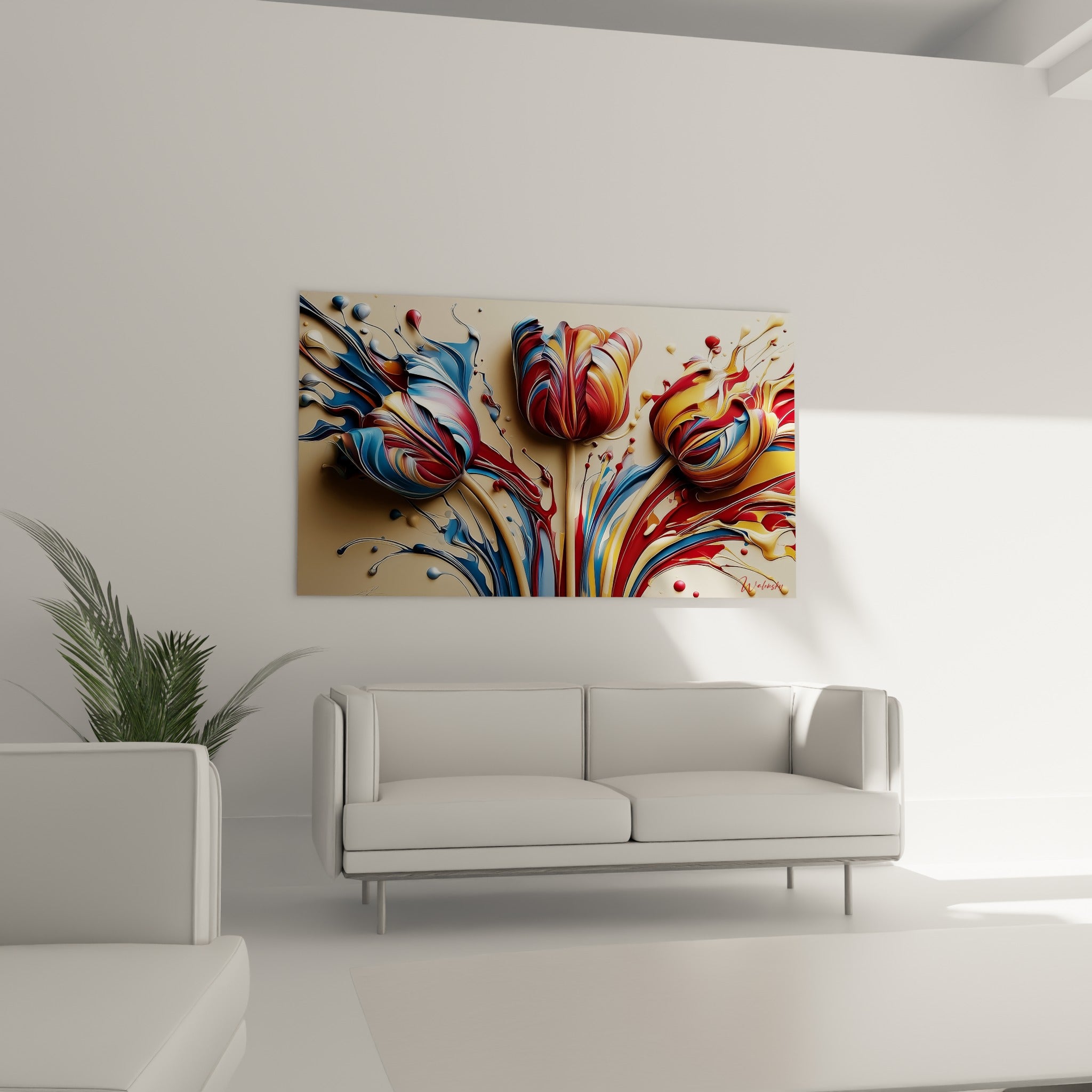 Bouquet tulipe doré et rouge profond disposé au-dessus d'un canapé dans un salon lumineux