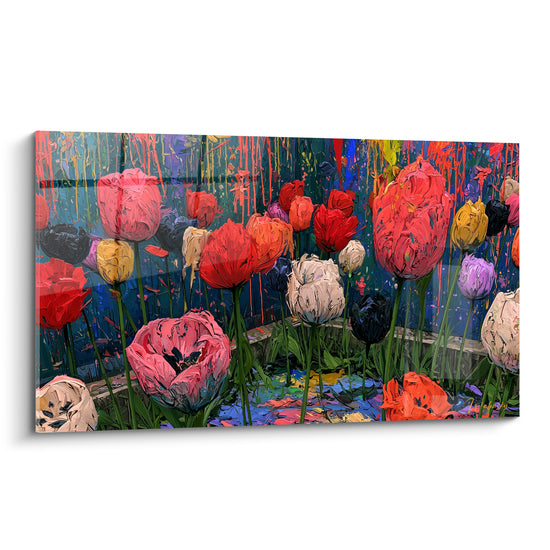 Tulipes rouges, roses et ivoire aux pétales texturés sur fond bleu pétrole strié de coulures