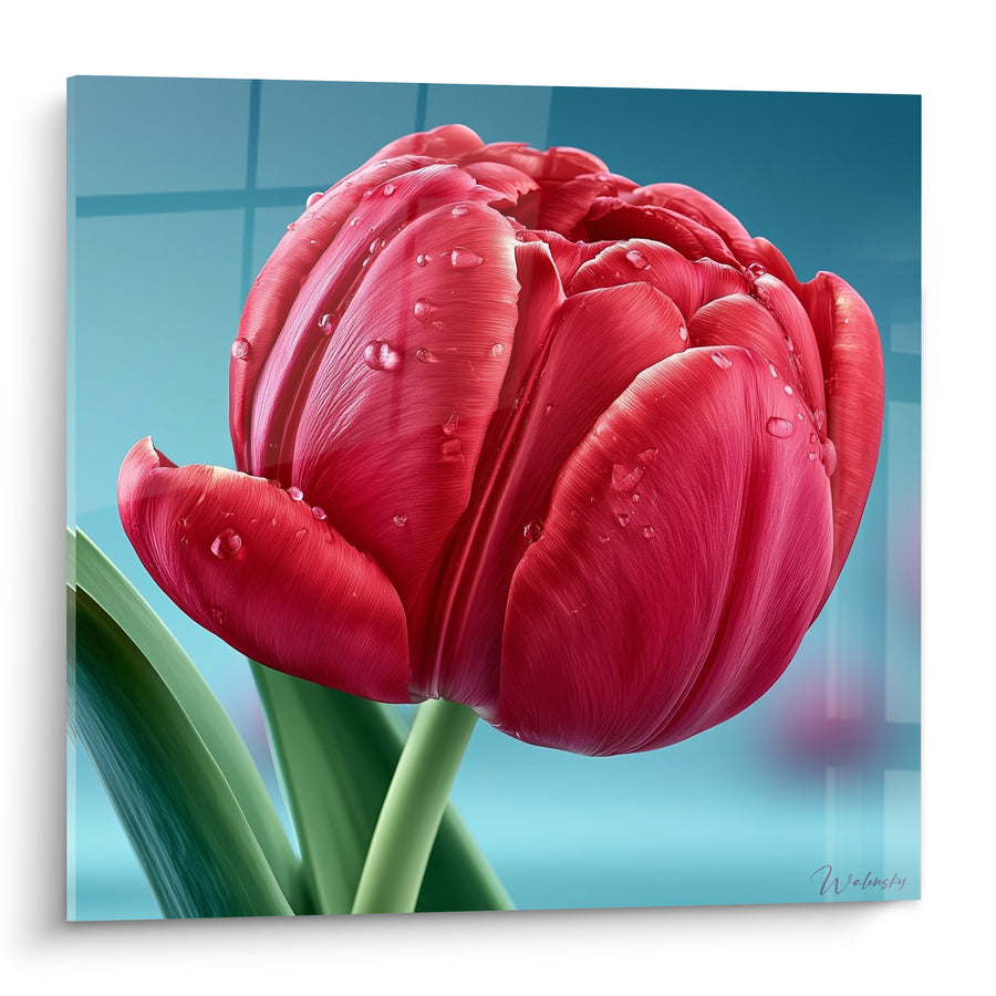 Tableau Tulipe rouge et turquoise aux gouttelettes perlées - Tiges vertes entrelacées - Edition Tulipe