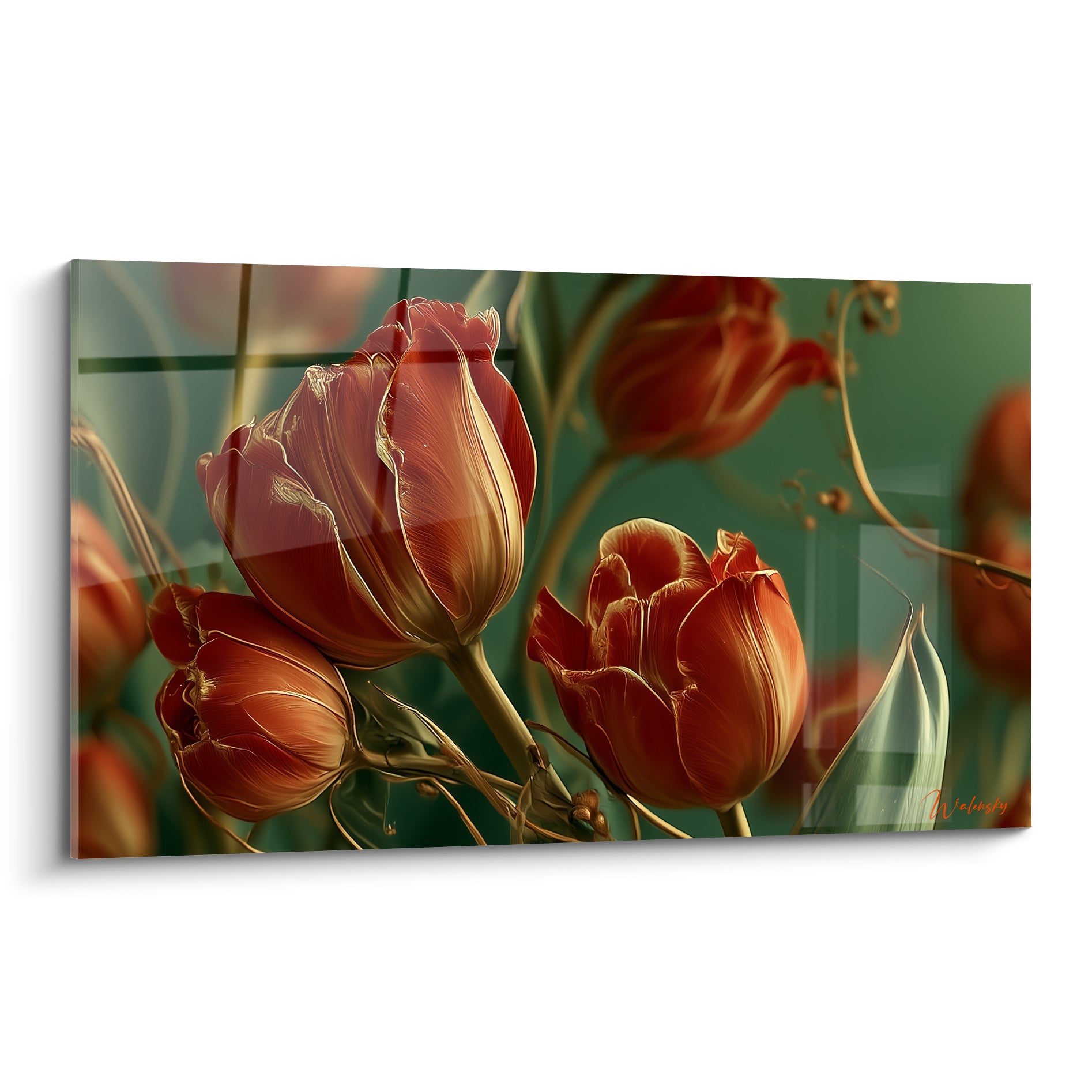 Tulipes rouge sombre et vert bouteille aux nervures dorées, style pictural botanique détaillé