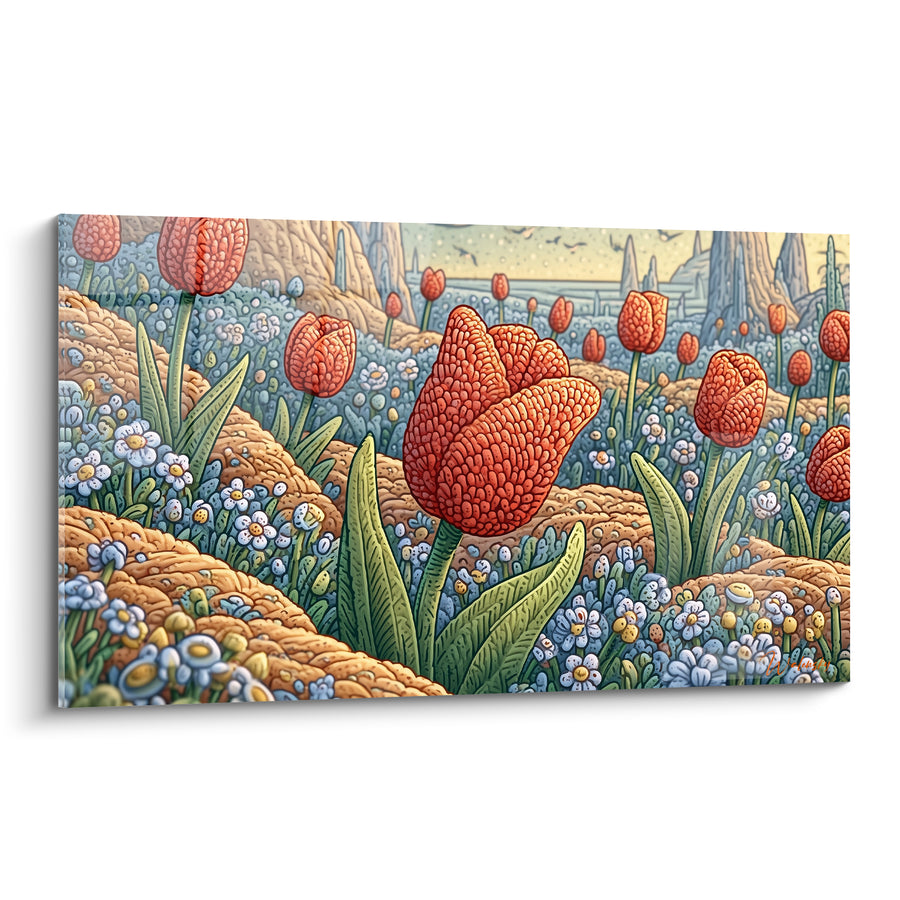 Tableau Tulipes rouges et brunes parmi les collines texturées - Petites fleurs blanches éparses - Edition Tulipe