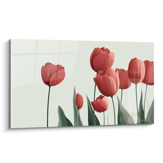 Tulipes rouge terracotta et vert sauge en pleine floraison sur fond clair épuré
