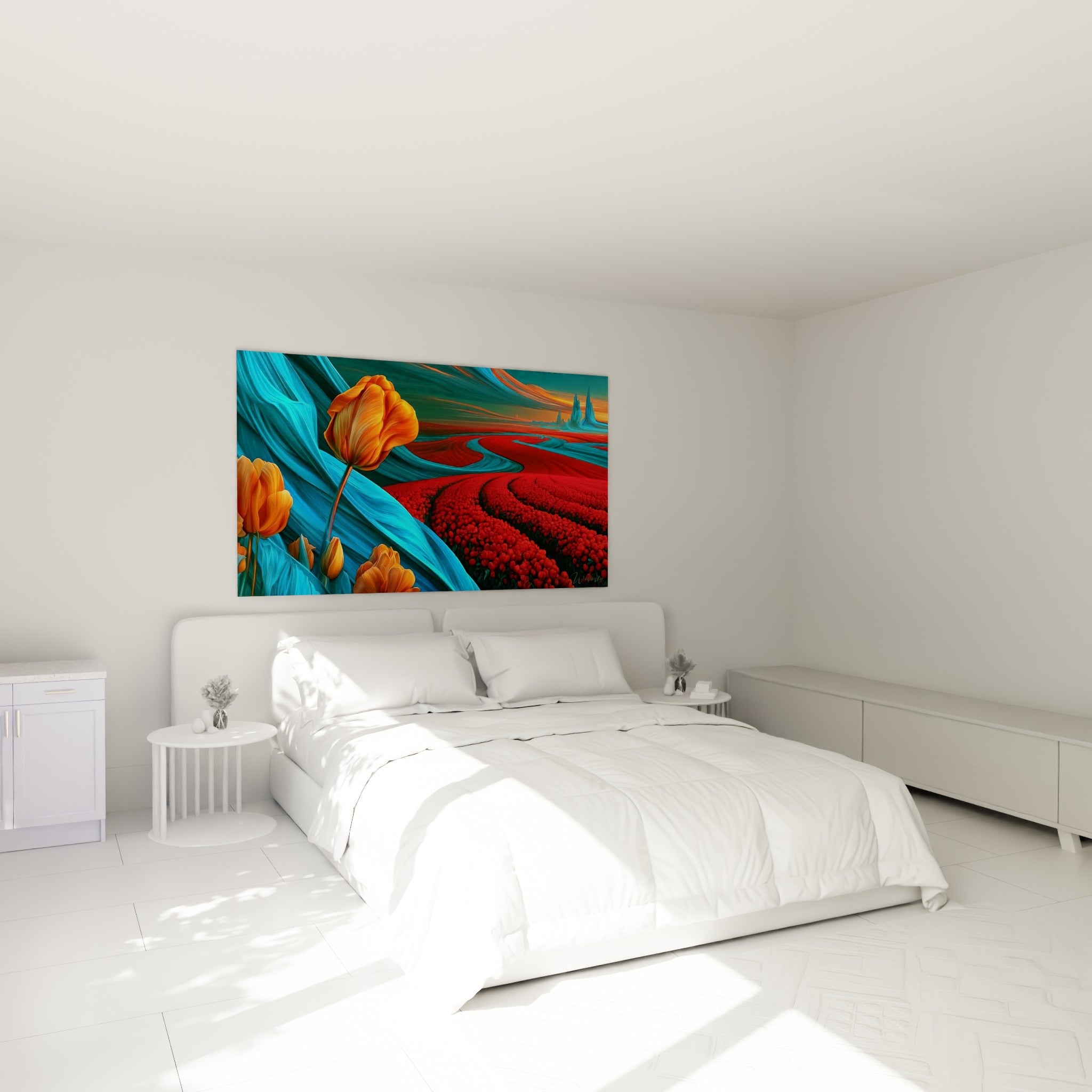 Champ de tulipes rouges et orange au-dessus d'un lit dans une chambre claire