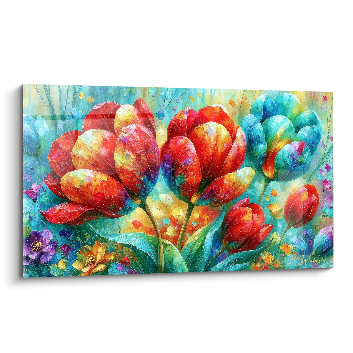 Tulipes rouges et turquoise épanouies aux pétales texturés dans un style peinture au couteau vibrant