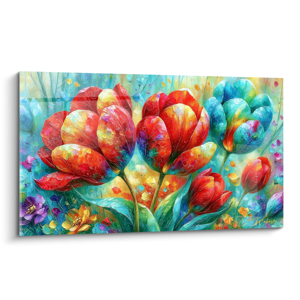 Tableau Tulipes rouges et turquoise en prairie chatoyante - Boutons multicolores en touffe - Edition Tulipe