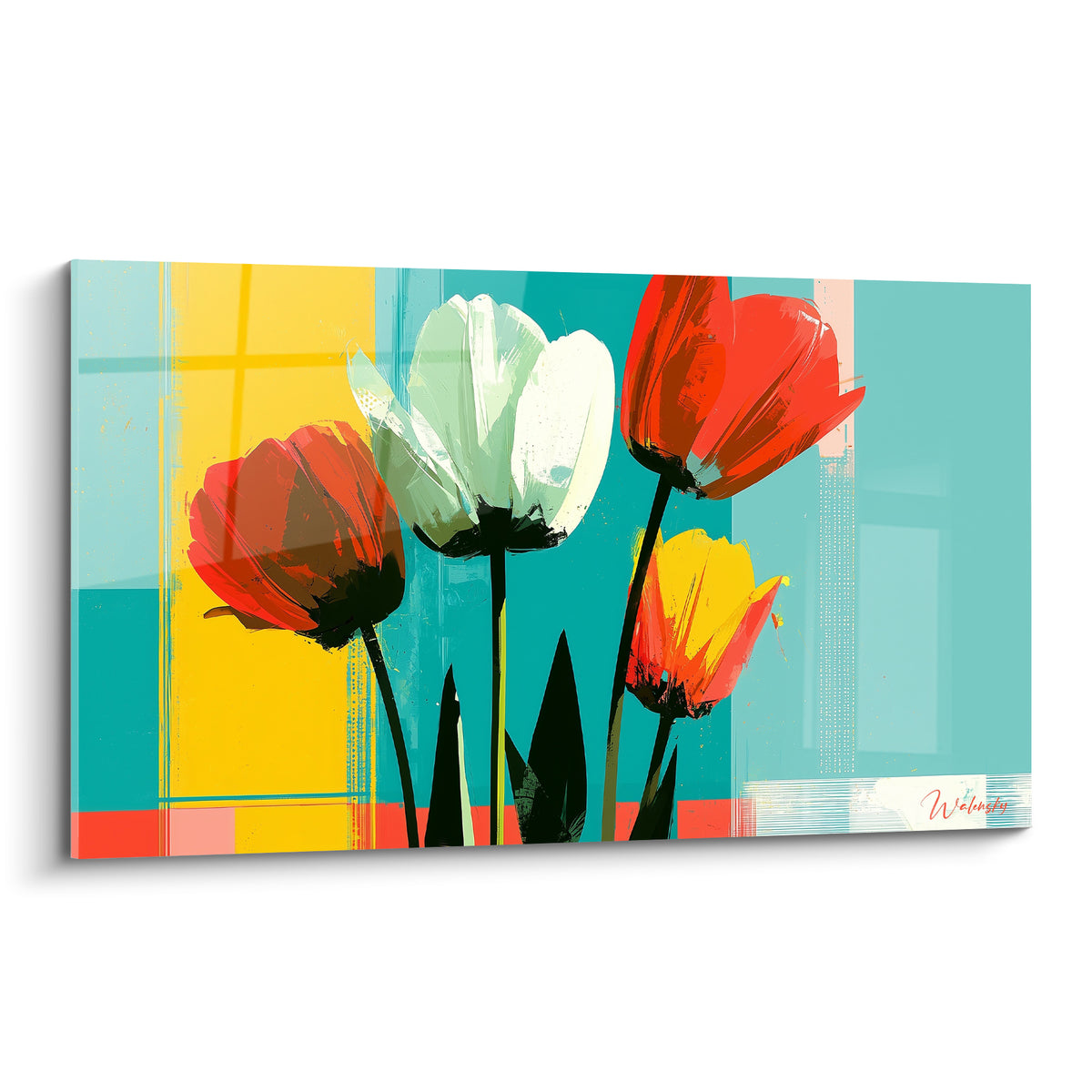 Tulipes rouges, blanches et jaunes peintes sur fond turquoise et jaune en aplats géométriques