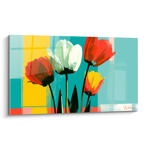 Tableau Tulipes rouges et turquoise aux tiges noires stylisées - Blocs colorés géométriques - Edition Tulipe
