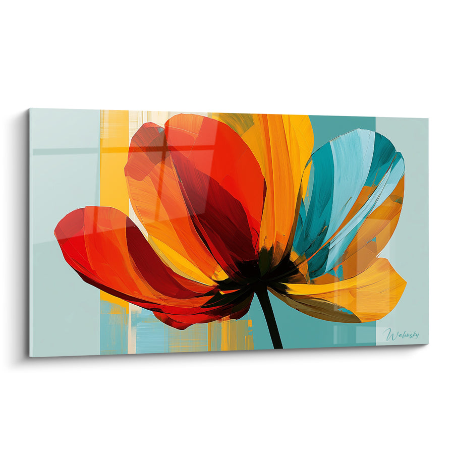 Tableau Tulipe rouge et turquoise aux bandes verticales - Pétales à contre-jour - Edition Tulipe