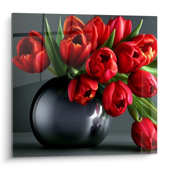 Tulipes rouges épanouies dans un vase anthracite sphérique, tiges vertes et pétales veloutés