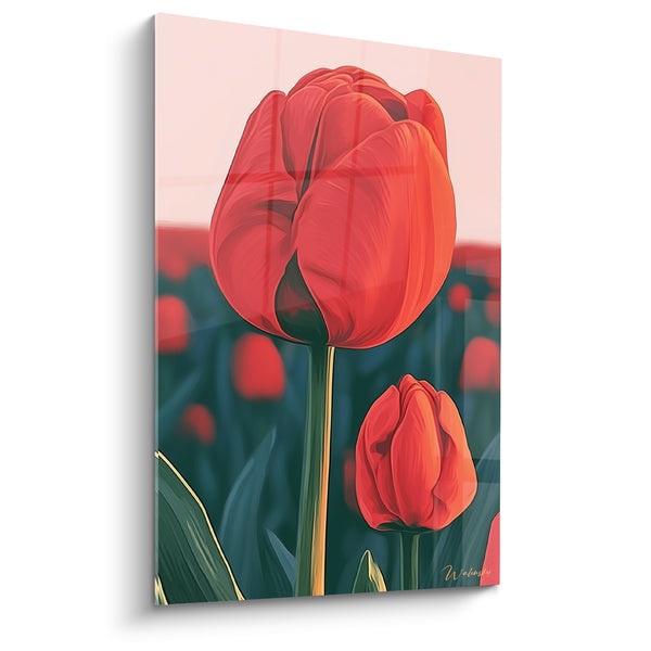 Tableau Tulipe rouge et verte devant champ flou - Bouton secondaire penché - Edition Tulipe