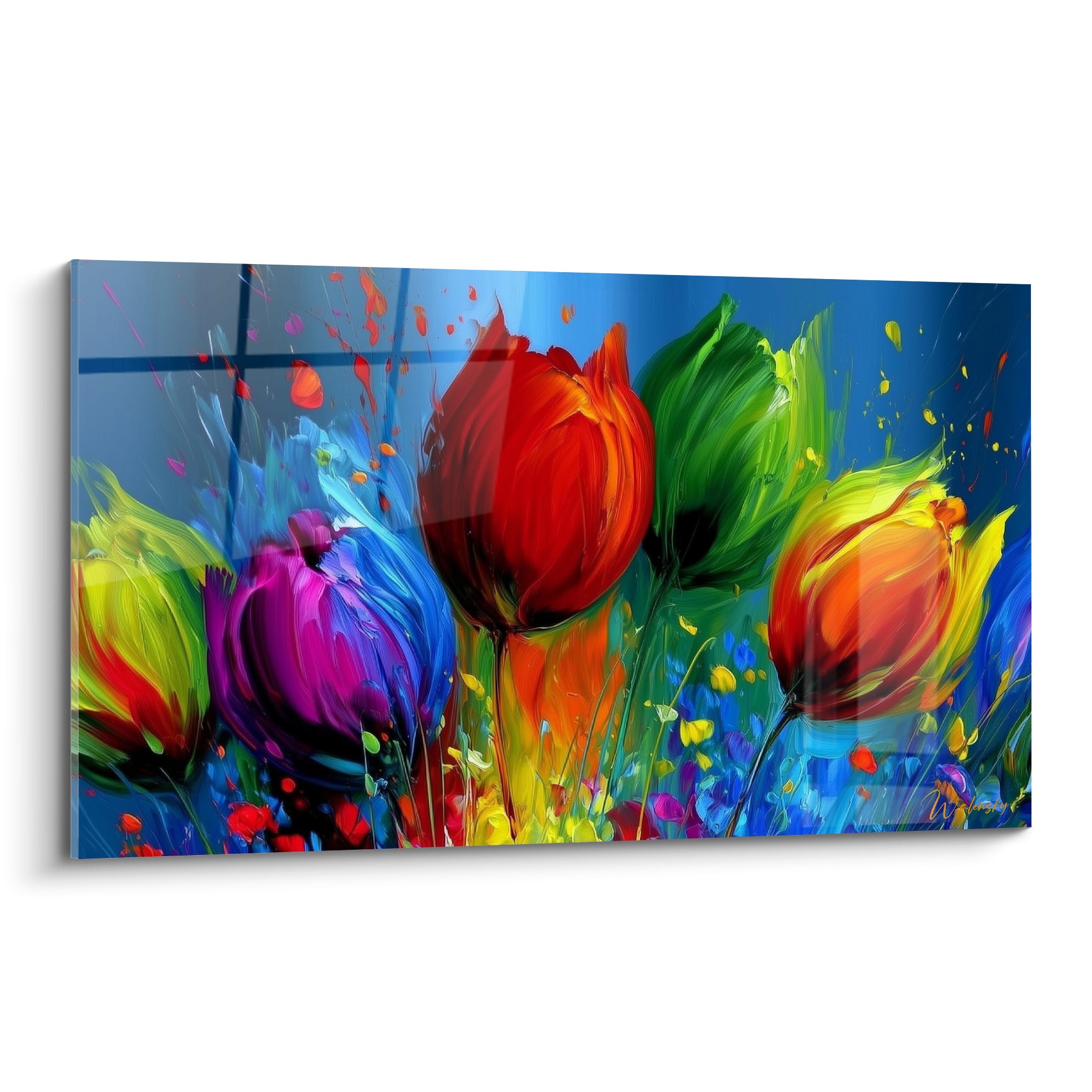 Tulipes rouge vermillon et violet magenta peintes en empâtements sur fond bleu marine intense