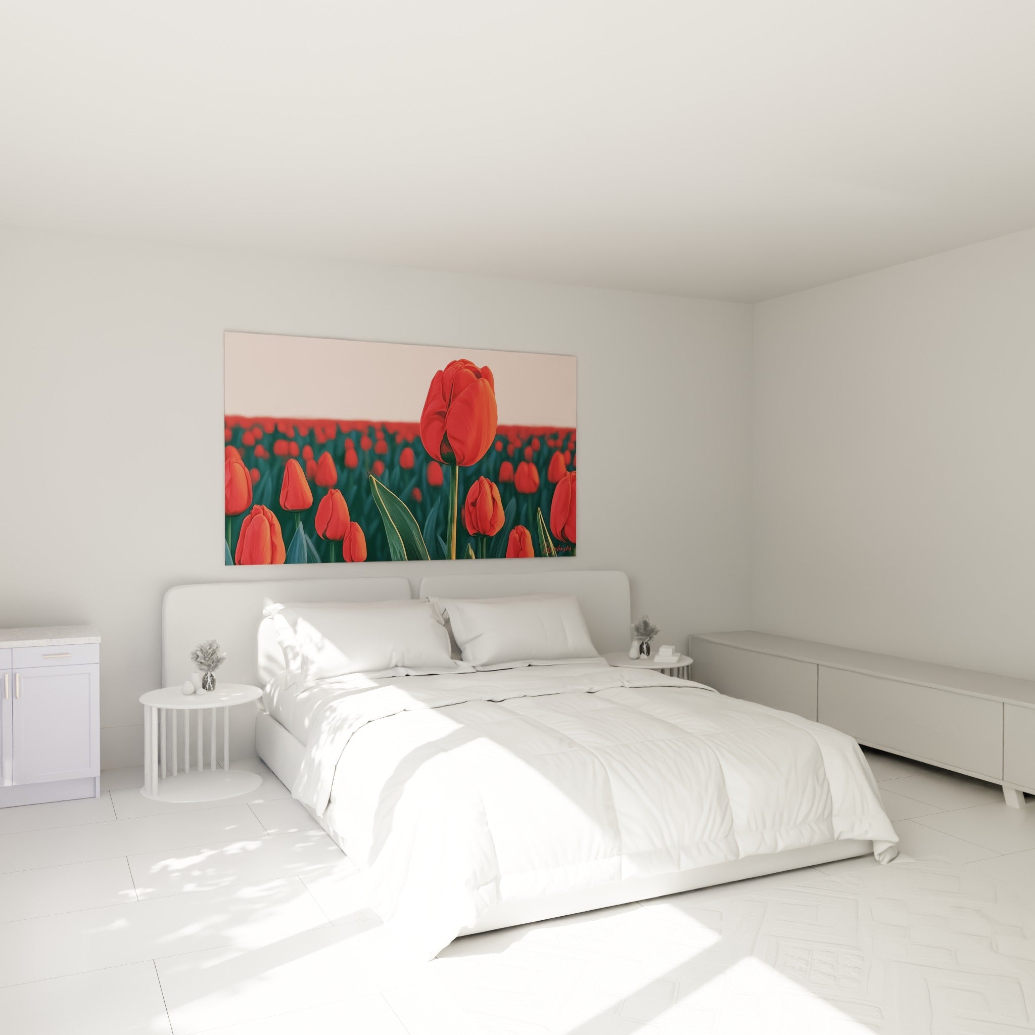 Tulipes rouges et feuillage vert sapin illustrées au-dessus d'un lit dans une chambre claire