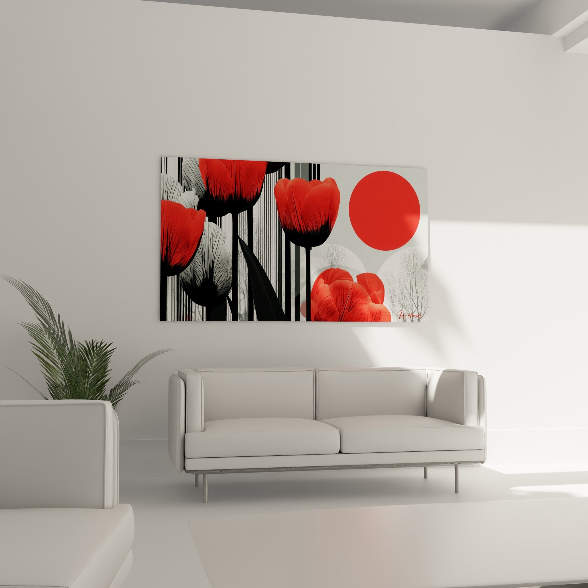 Disque rouge et tulipes noires structurent une composition graphique au-dessus d'un canapé dans un salon lumineux