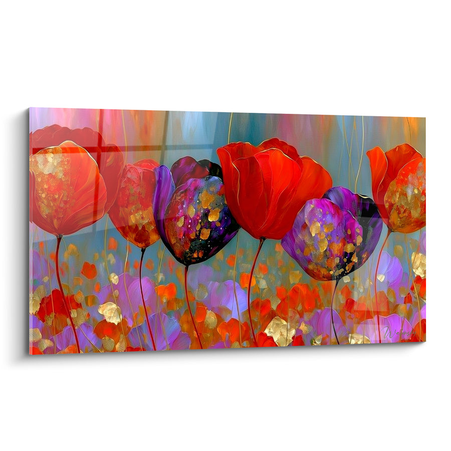 Tableau Tulipes rouges et violettes aux tiges fines - Champ moucheté d'or - Edition Tulipe