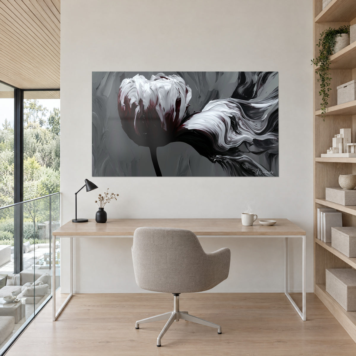 Tableau tulipe sculptée à la spatule, blanc nacré, rouge sombre et gris charbon, accroché au-dessus d'un bureau en chêne et d'une étagère