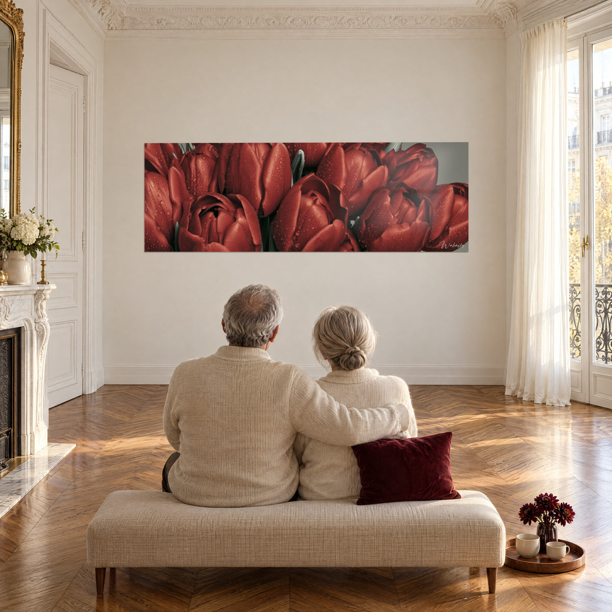 Tableau panorama de tulipes rubis aux gouttelettes brillantes sur fond gris, face à un couple assis sur une banquette beige