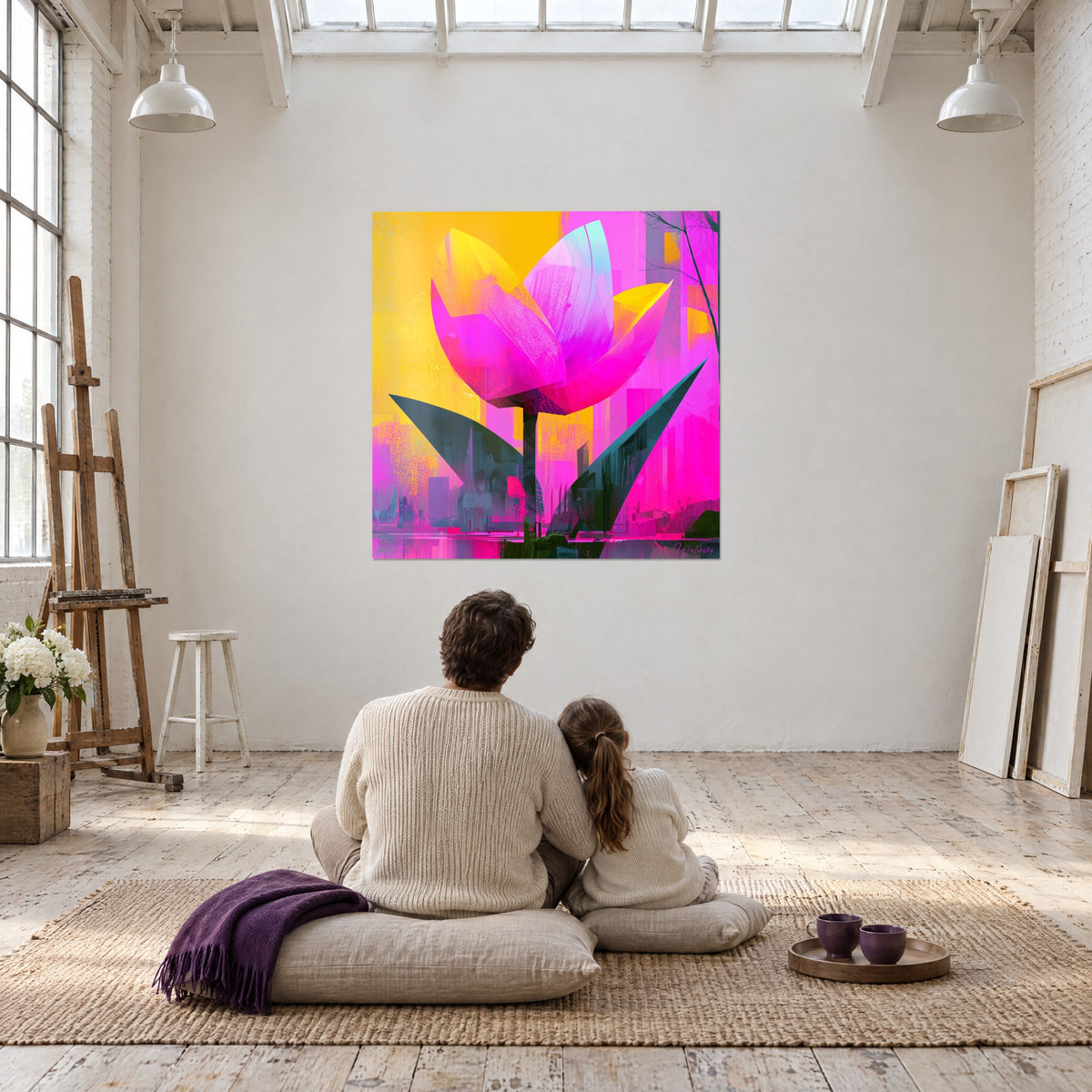 Tableau éclosion urbaine fuchsia et safran, tiges anguleuses sombres, deux personnes de dos assises sur des coussins, loft d'artiste
