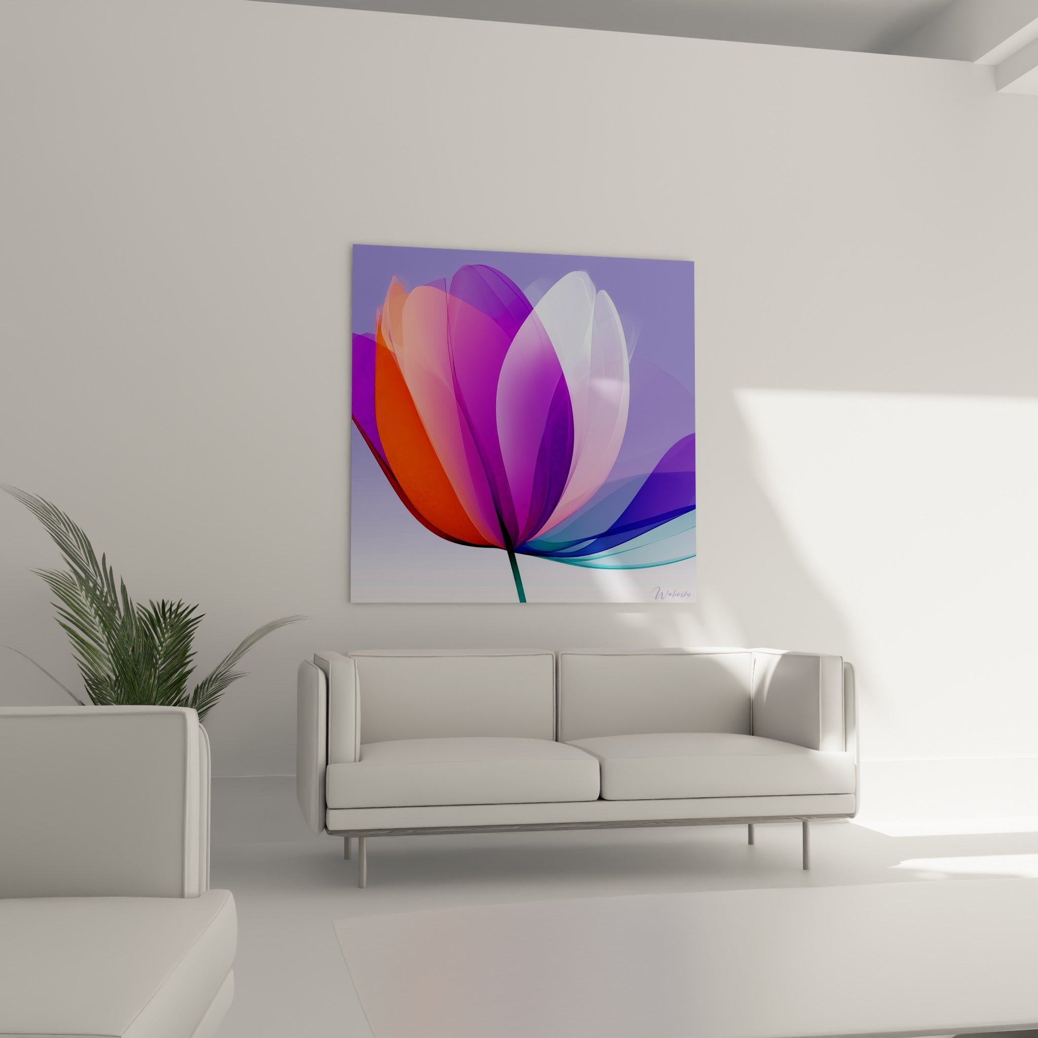 Fleur Tulipe aux teintes bleu marine et turquoise placée au-dessus d'un canapé dans un salon lumineux