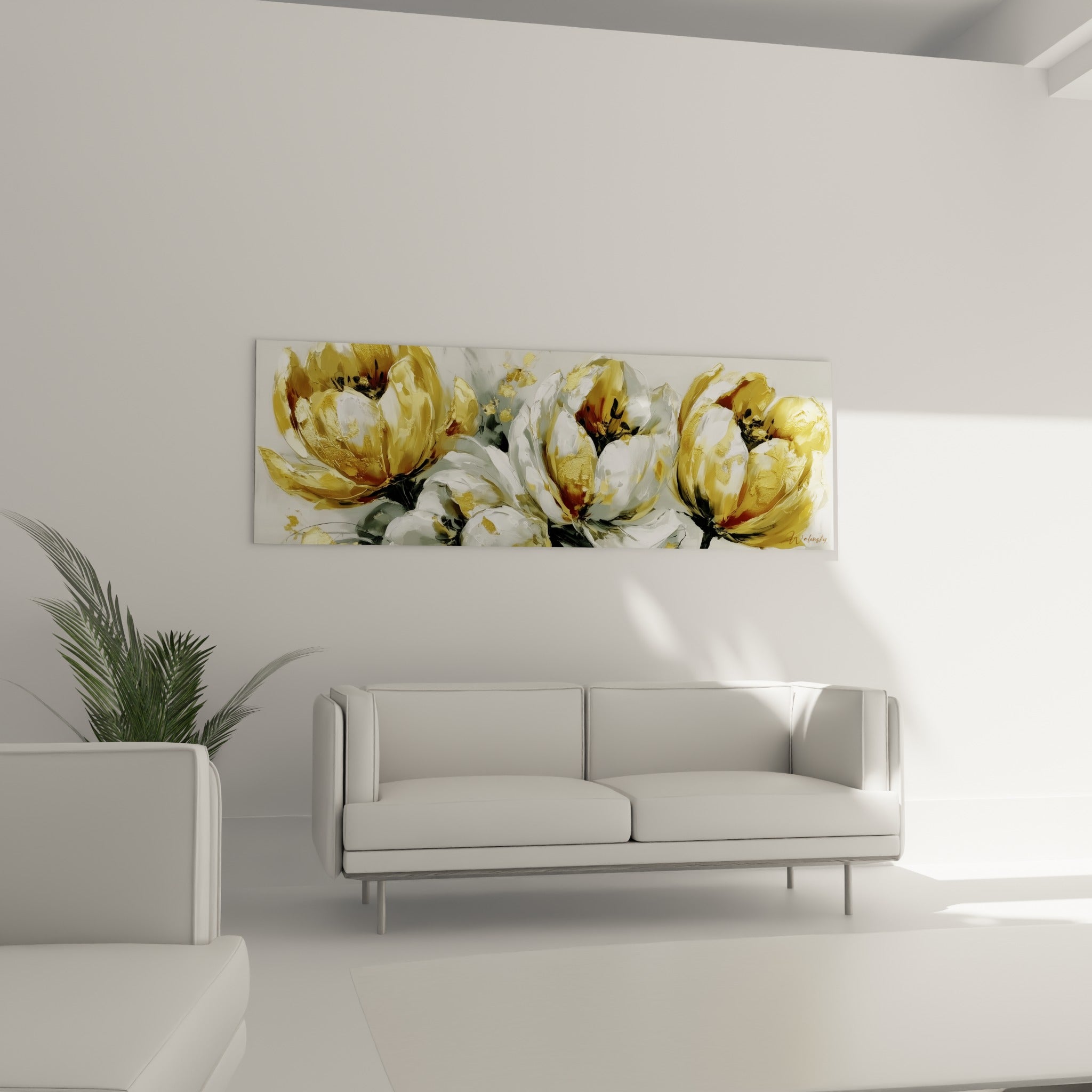 Corolles de tulipes blanches et dorées largement ouvertes, disposées au-dessus d'un canapé dans un salon lumineux