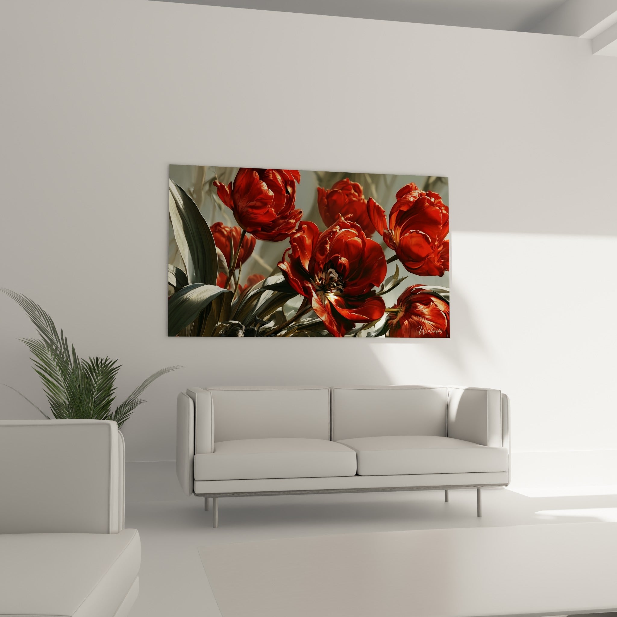 Fleurs de tulipe rouge sombre et feuillage gris-vert au-dessus d'un canapé dans un salon lumineux