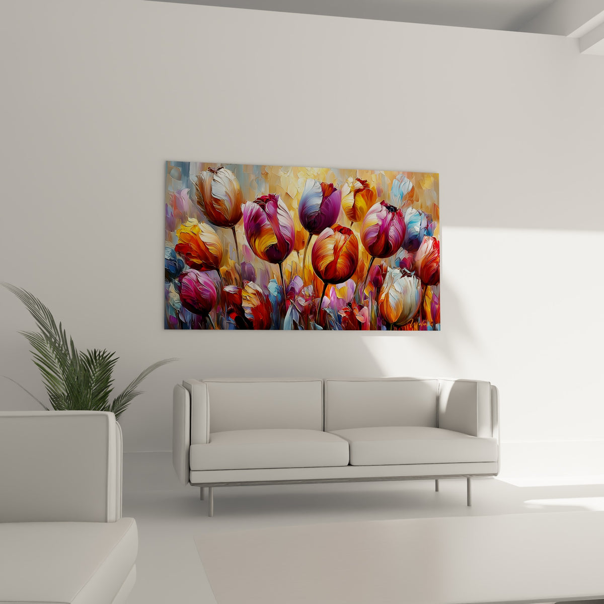Fleurs de tulipes violettes et terracotta suspendues au-dessus d'un canapé dans un salon lumineux