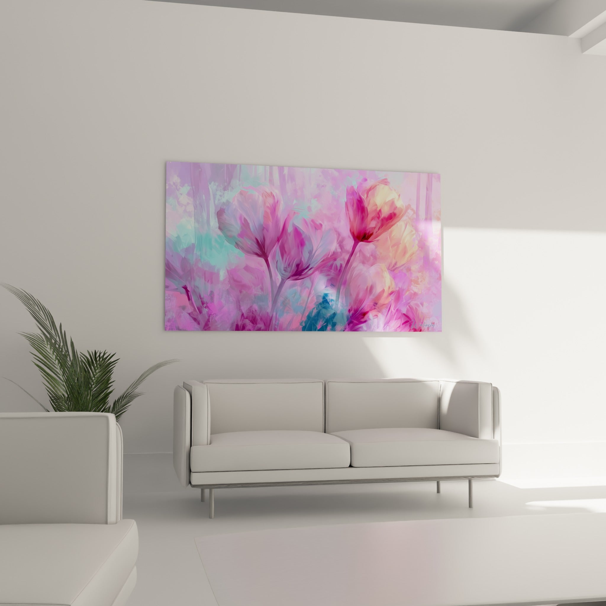 Corolles de tulipe fuchsia et dorées suspendues au-dessus d'un canapé dans un salon lumineux