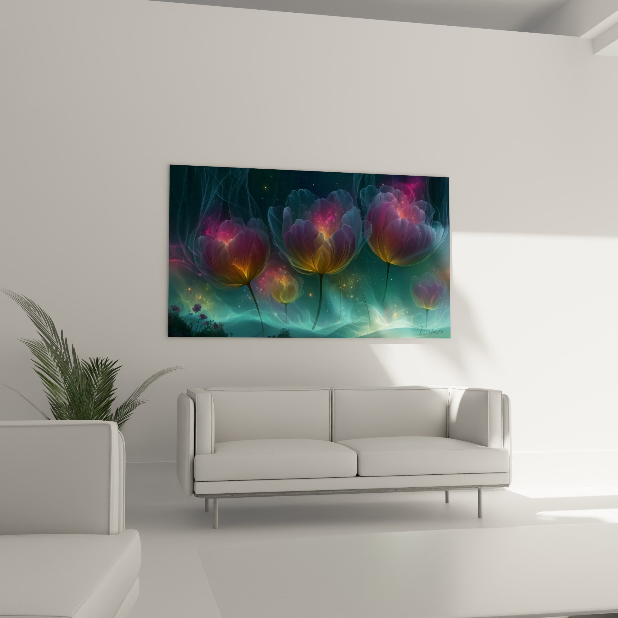 Fleurs de tulipe turquoise et magenta au-dessus d'un canapé dans un salon lumineux