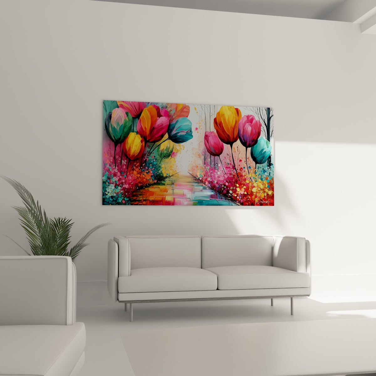 Fleurs de tulipes roses et turquoise vibrantes accrochées au-dessus d'un canapé dans un salon lumineux