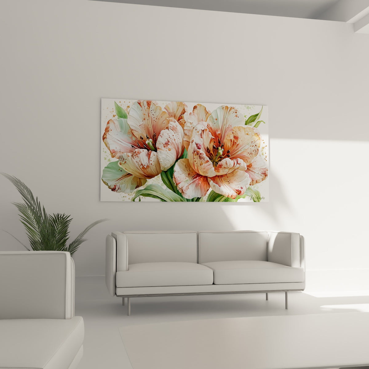 Fleurs de tulipe rose pâle et vert sauge au-dessus d'un canapé dans un salon lumineux