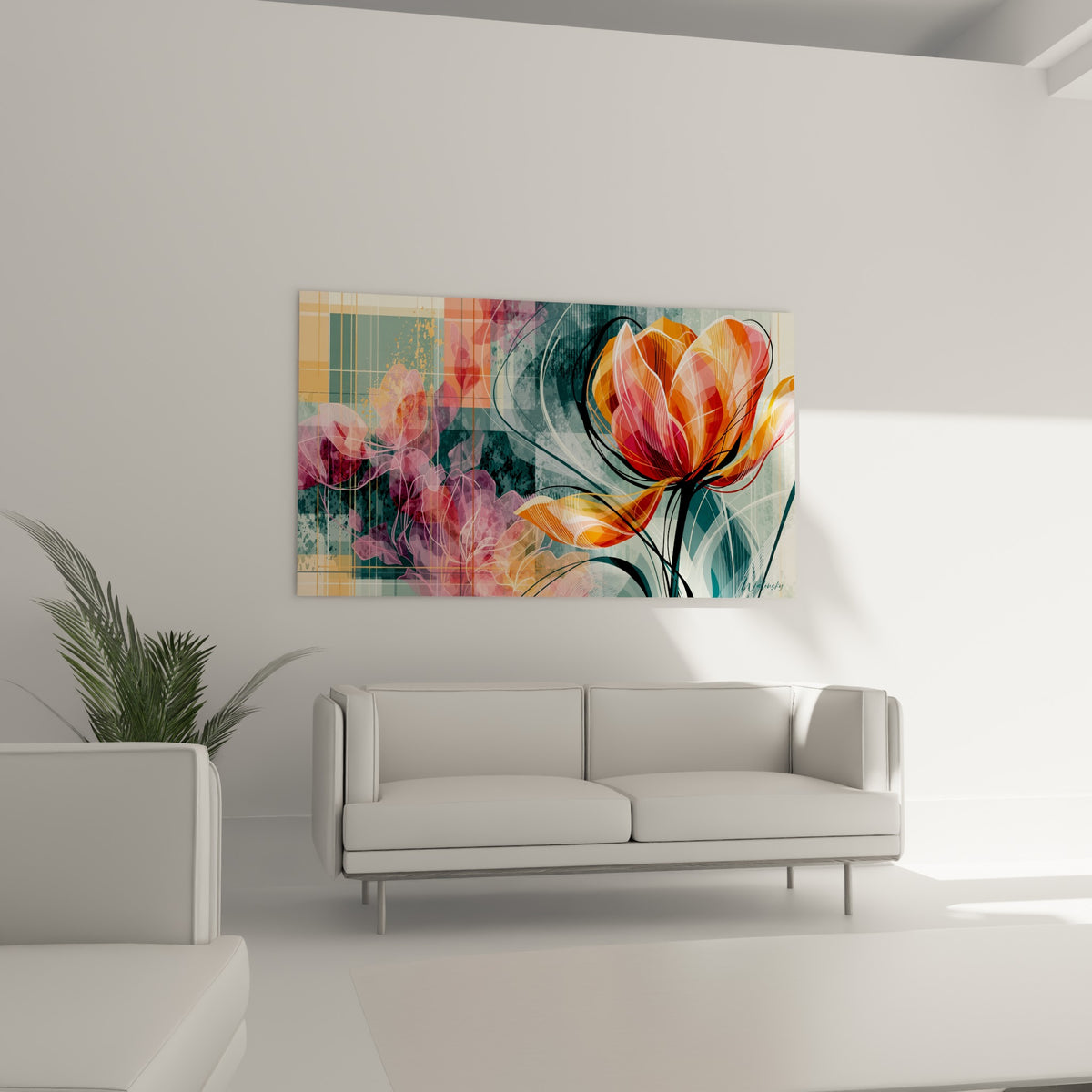Fleur tulipe aux nervures blanches et fond vert sarcelle accrochée au-dessus d'un canapé dans un salon lumineux