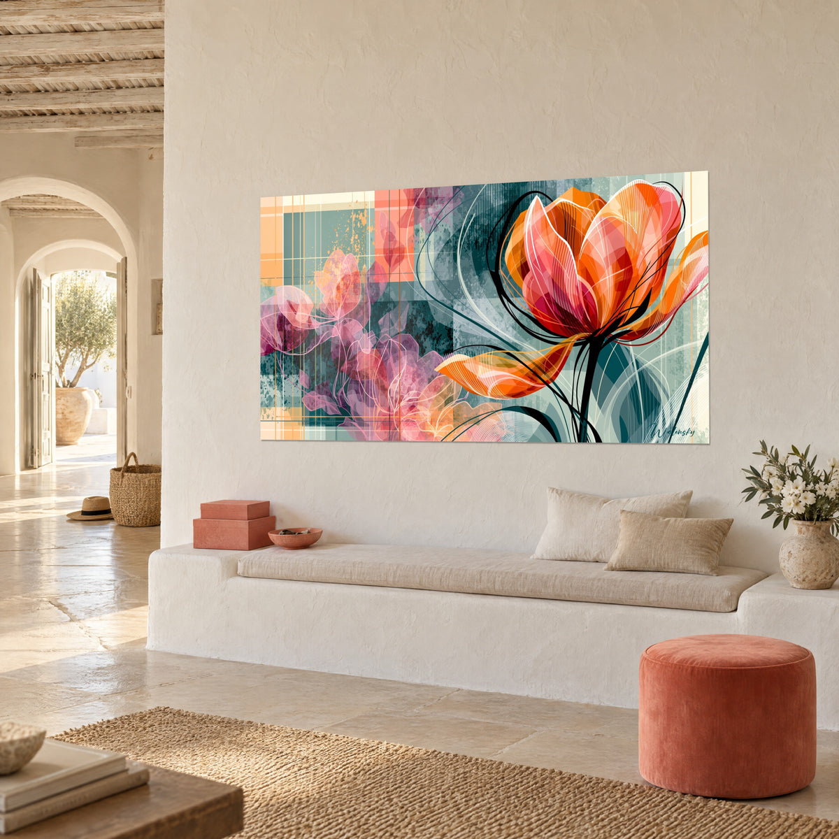 Tableau fleur éclose corail et abricot sur damier turquoise, accroché en trois-quarts au-dessus d'une banquette blanche dans une maison provençale