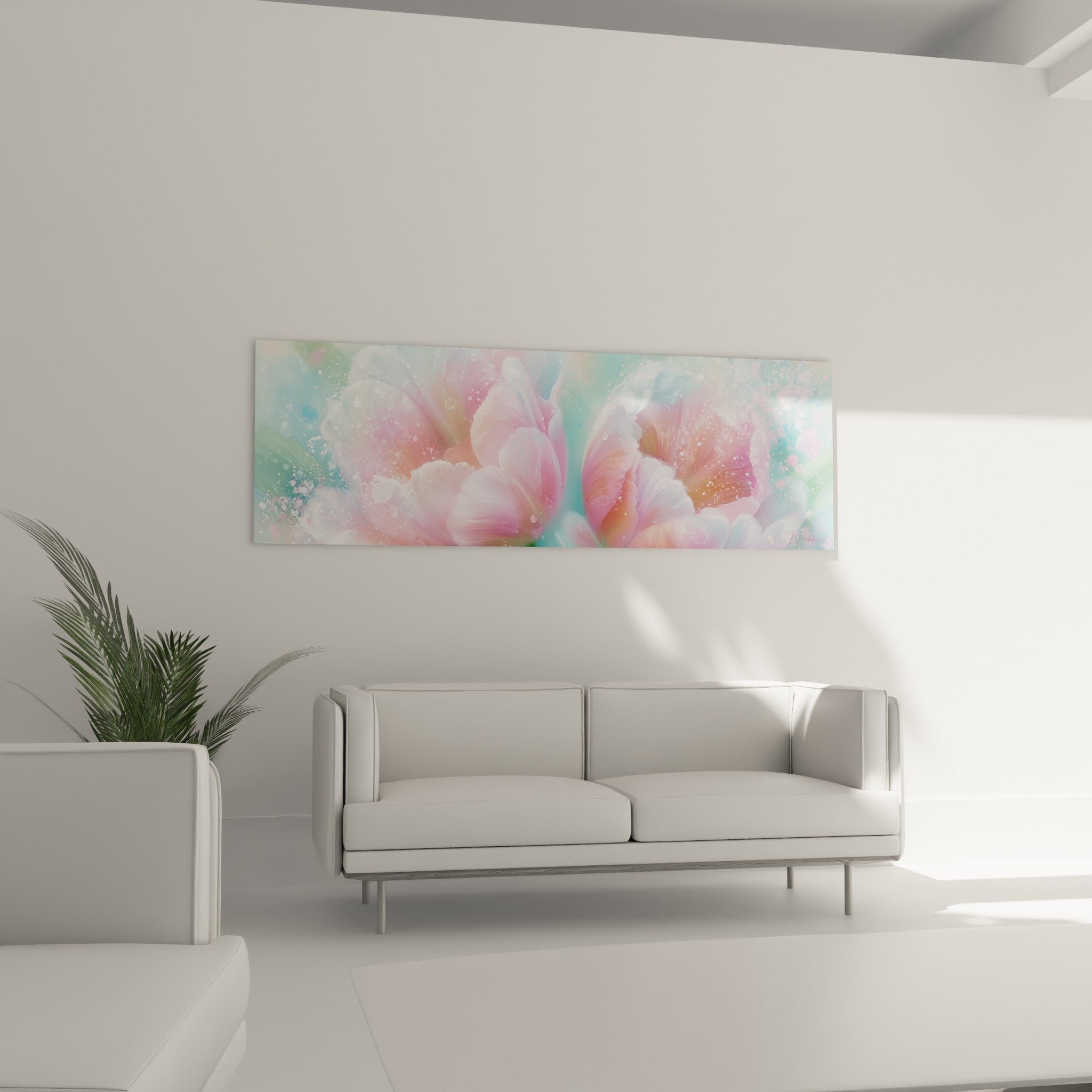 Fleurs de tulipe rose saumon et vert d'eau suspendues au-dessus d'un canapé dans un salon lumineux