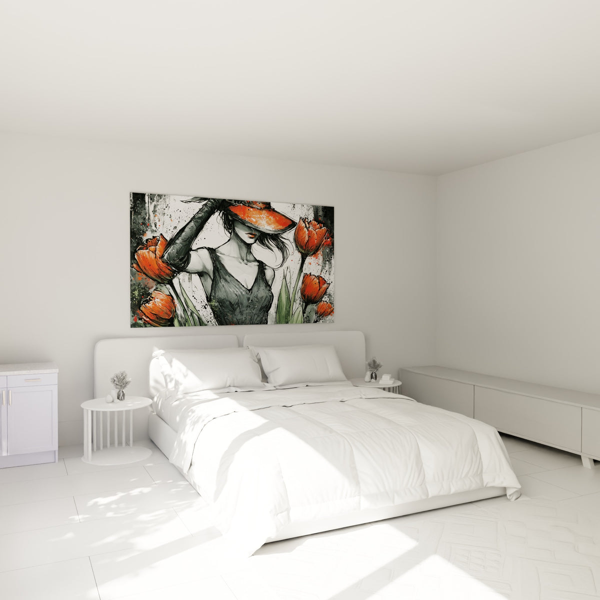 Silhouette voilée aux tulipes rouges et robe anthracite, au-dessus d'un lit dans une chambre claire