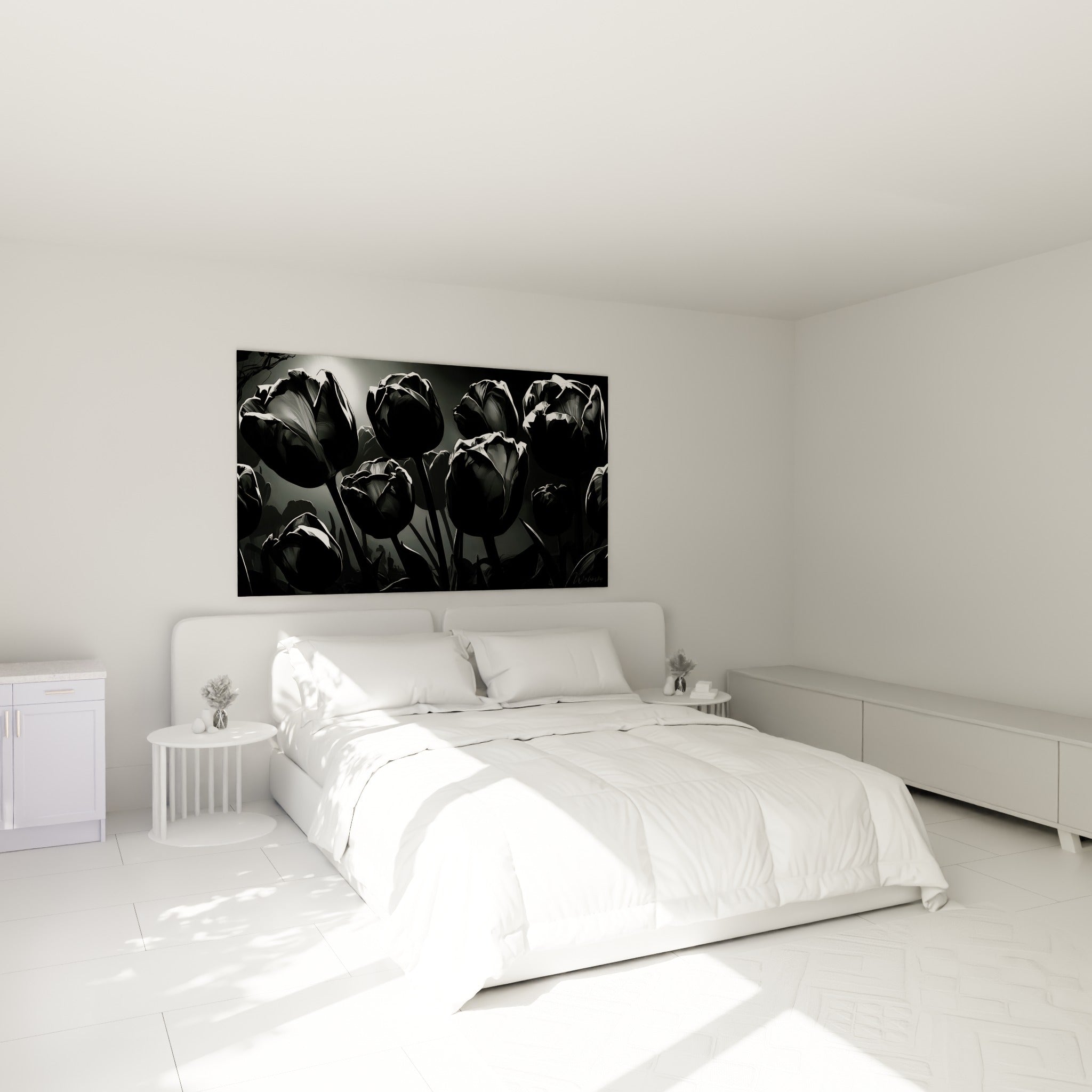 Bouquet de tulipes noires et blanches à contre-jour, accroché au-dessus d'un lit dans une chambre claire