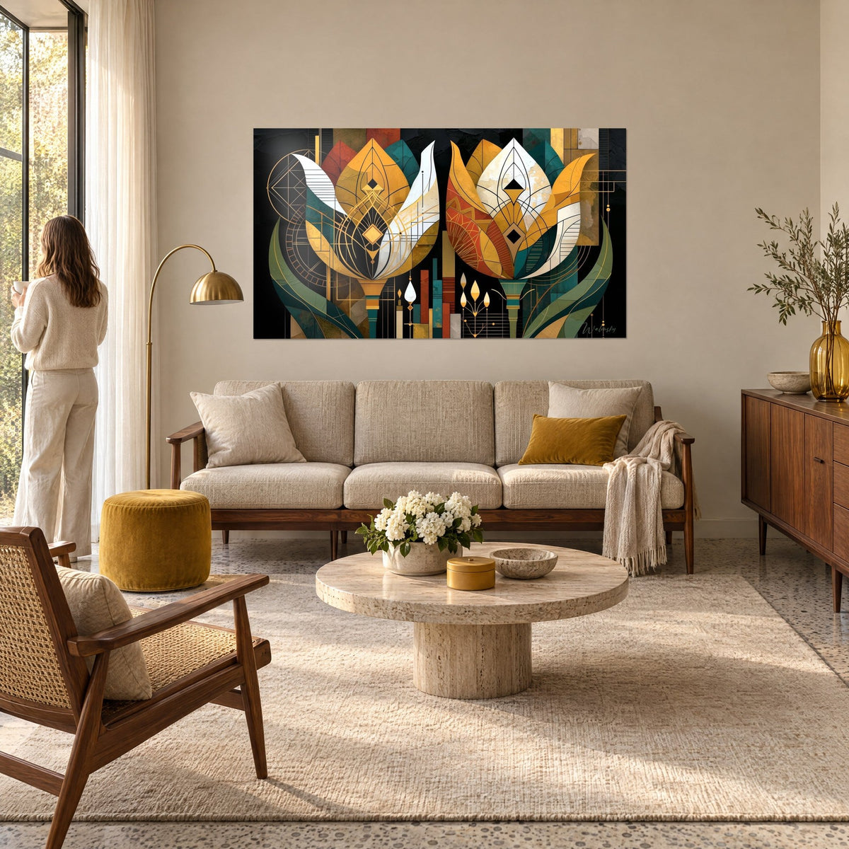 Quadro due tulipani Art déco con petali ocra e bianchi su fondo nero, coppia di spalle, sopra un divano in un soggiorno luminoso