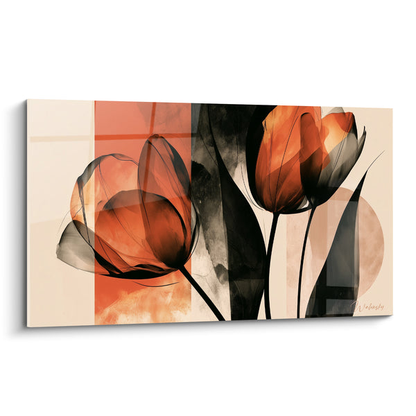 Tableau Tulipes translucides orange et noires aux formes géométriques - Cercle beige en arrière-plan - Edition Tulipe