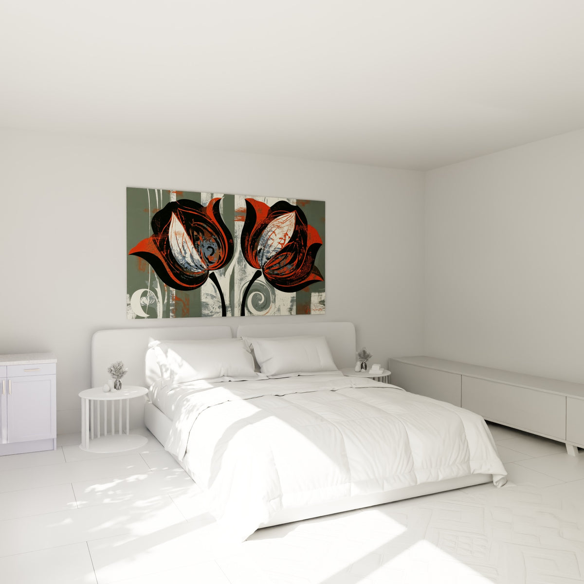 Tulipes terracotta et noires aux traits nerveux, accrochées au-dessus d'un lit dans une chambre claire