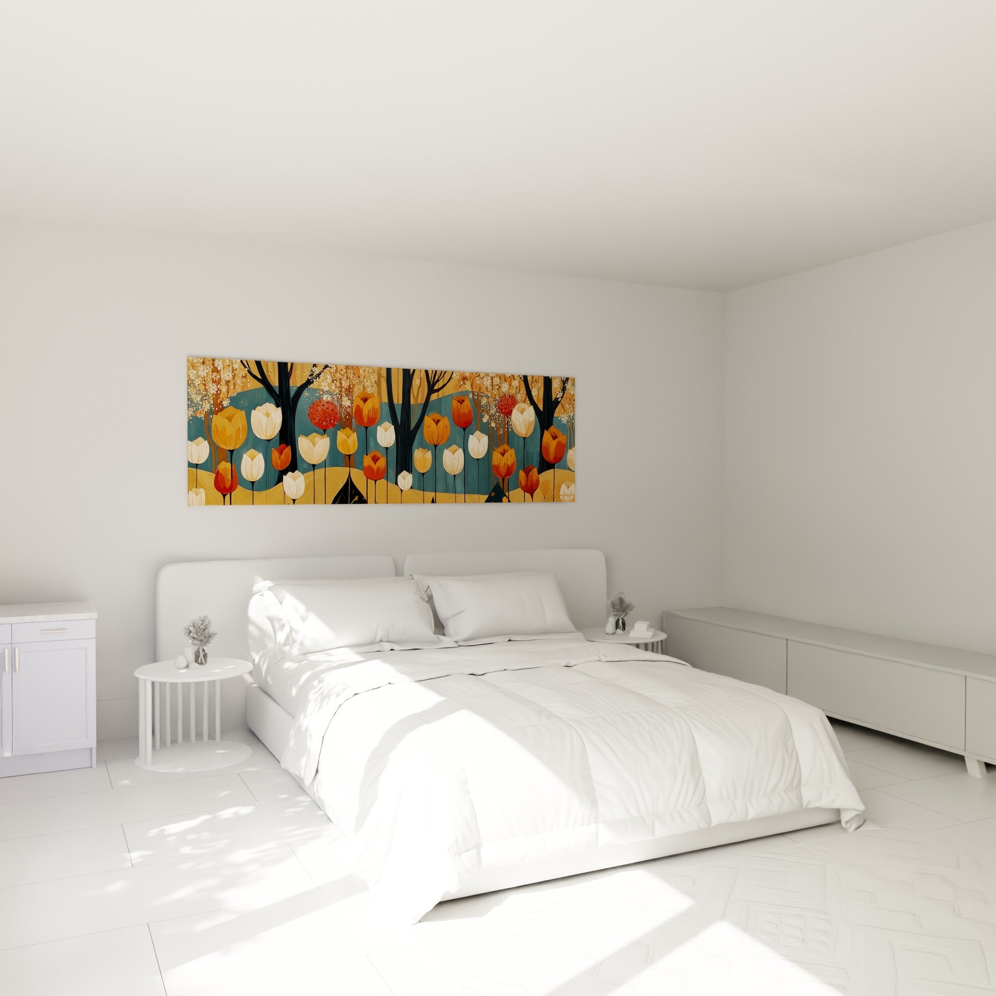 Tulipes terracotta et corail illuminent la toile, accrochée au-dessus d'un lit dans une chambre claire
