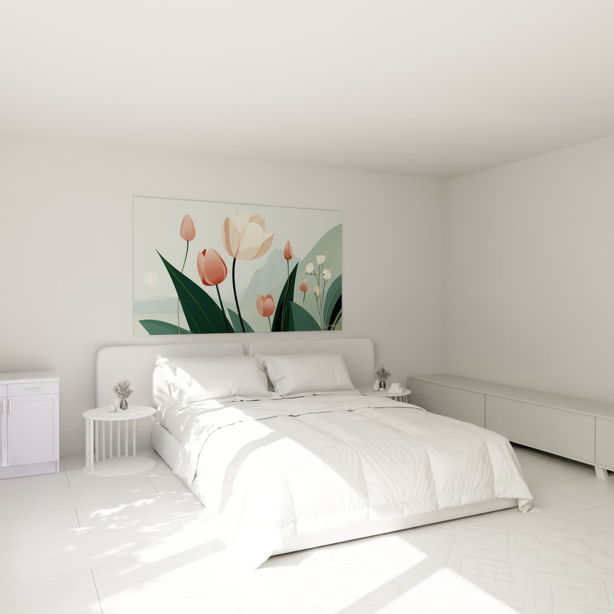 Tulipes terracotta et crème sur fond vert sauge, accrochées au-dessus d'un lit dans une chambre claire